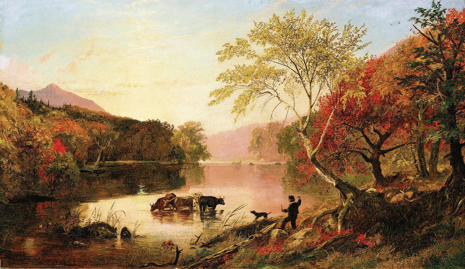 Landscape Oil Painting - Autumn River with Cows and Scarlet Trees - Oil Painting Haven
