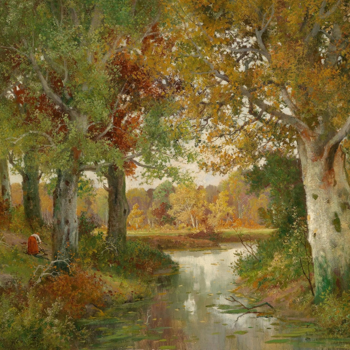 Landscape Oil Painting - Autumn River with Trees & Figure - Oil Painting Haven