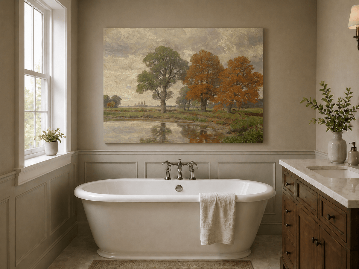 Landschaft Ölgemälde - Herbstliches Flussufer & Farbenfrohe Bäume
