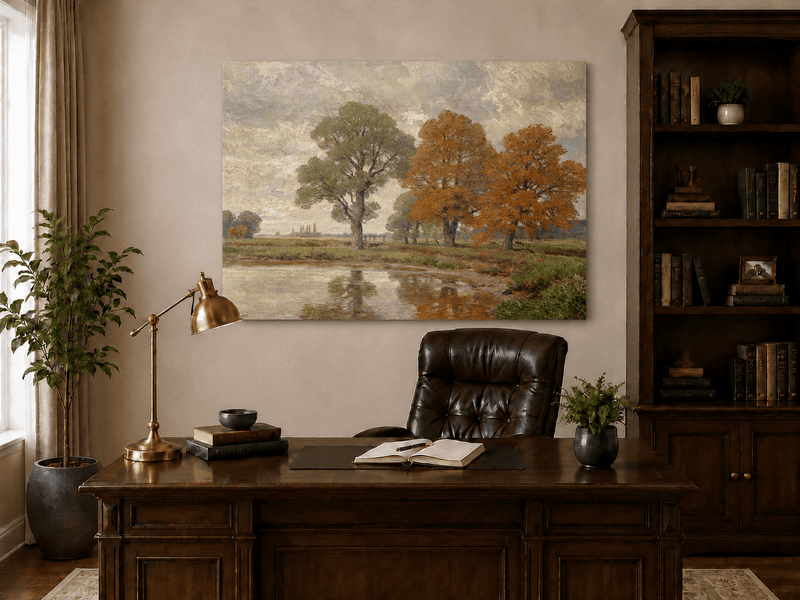 Landschaft Ölgemälde - Herbstliches Flussufer & Farbenfrohe Bäume