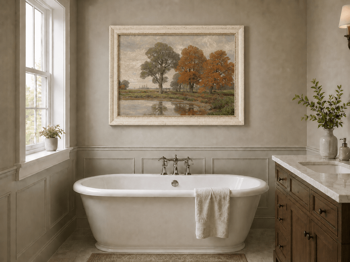 Landschaft Ölgemälde - Herbstliches Flussufer & Farbenfrohe Bäume