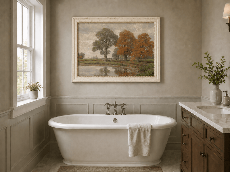 Landschaft Ölgemälde - Herbstliches Flussufer & Farbenfrohe Bäume