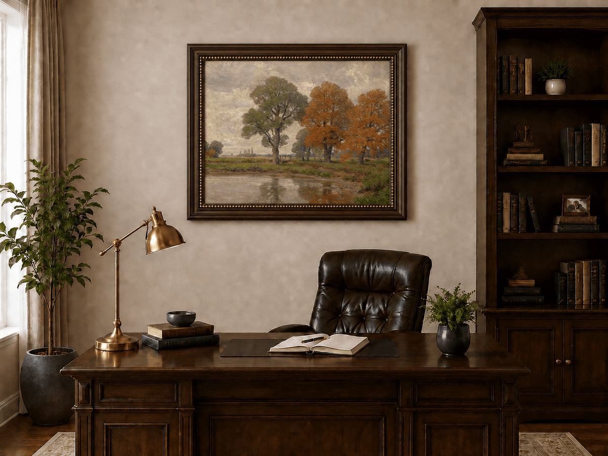 Landschaft Ölgemälde - Herbstliches Flussufer & Farbenfrohe Bäume