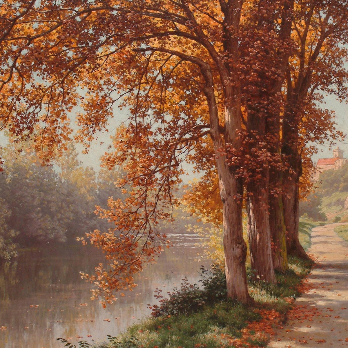 Landscape Oil Painting - Autumn riverbank path & gilded trees - Oil Painting Haven