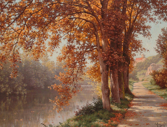 Landscape Oil Painting - Autumn riverbank path & gilded trees - Oil Painting Haven
