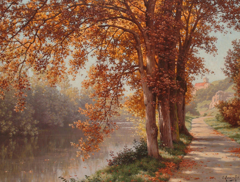 Landscape Oil Painting - Autumn riverbank path & gilded trees - Oil Painting Haven