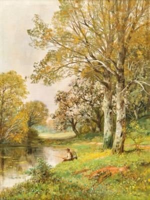 Landscape Oil Painting - Autumn Riverside with Seated Figure - Oil Painting Haven