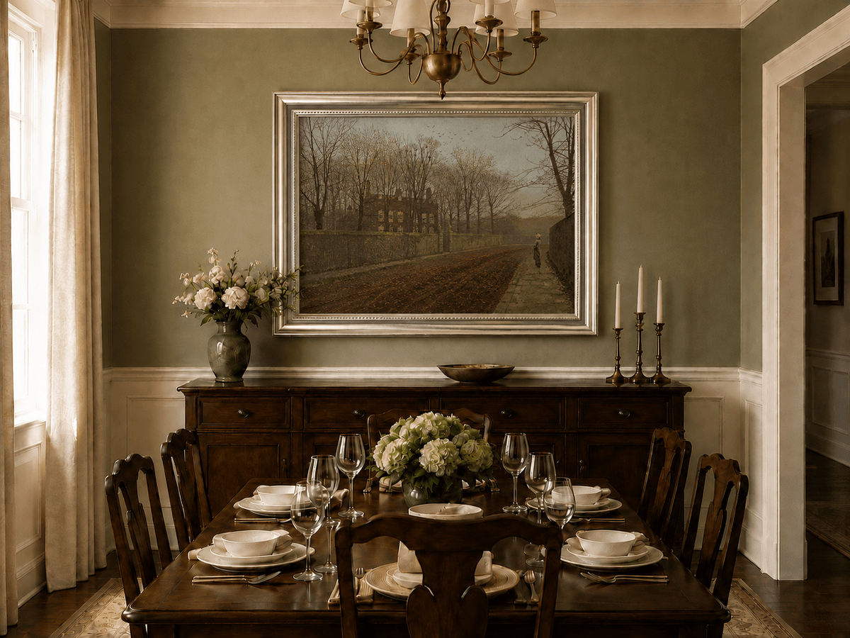 Autumn road and manor wall oil landscape artwork shown in a styled home interior.