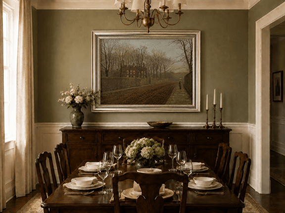 Autumn road and manor wall oil landscape artwork shown in a styled home interior.