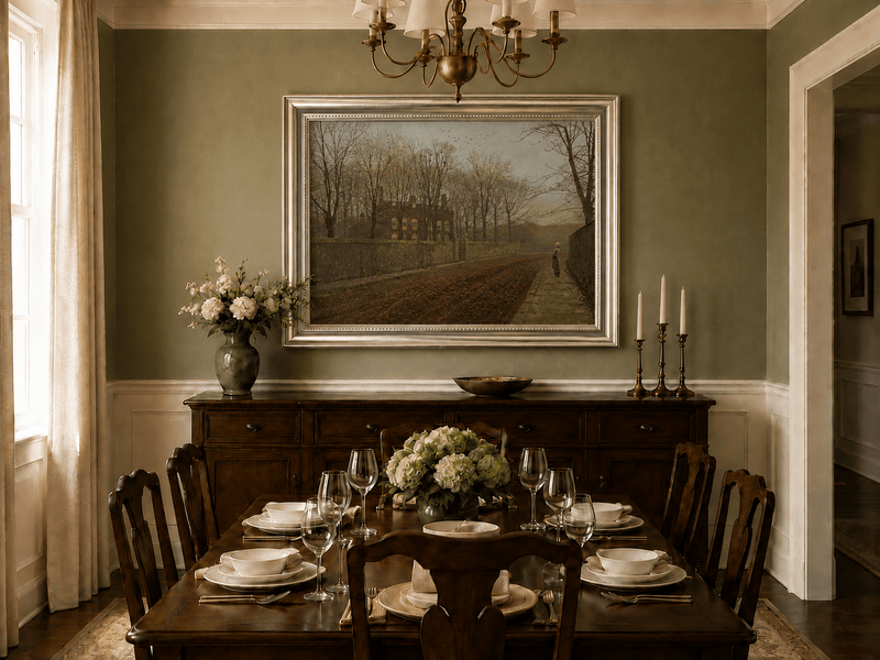 Autumn road and manor wall oil landscape artwork shown in a styled home interior.