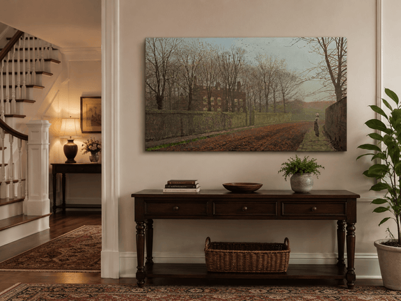 Autumn manor road landscape painting shown as decorative oil wall art.