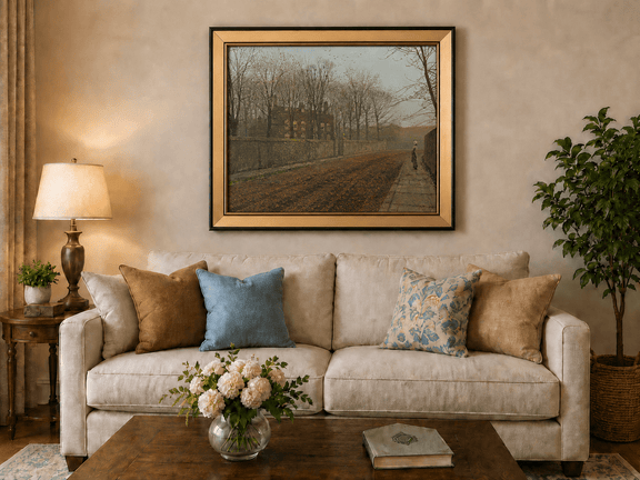 Autumn road by the walled manor house landscape oil painting displayed in a styled home interior.