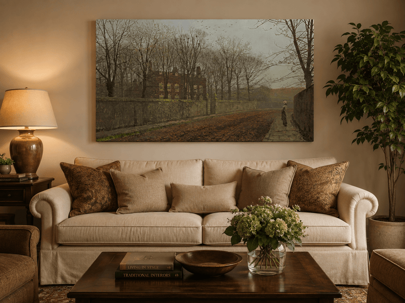 Walled manor house and autumn road hand-painted oil artwork displayed in a second interior view.