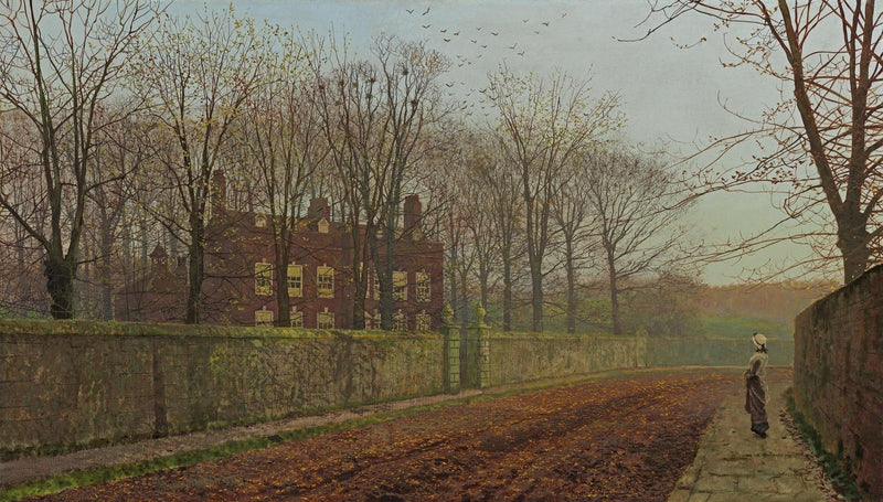 Hand-painted autumn road by the walled manor house landscape oil painting on canvas