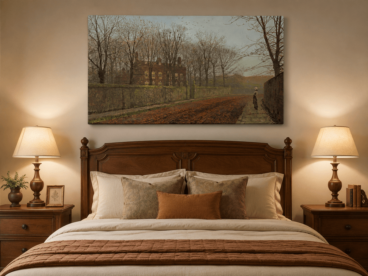 Autumn manor road oil painting displayed as landscape wall decor.