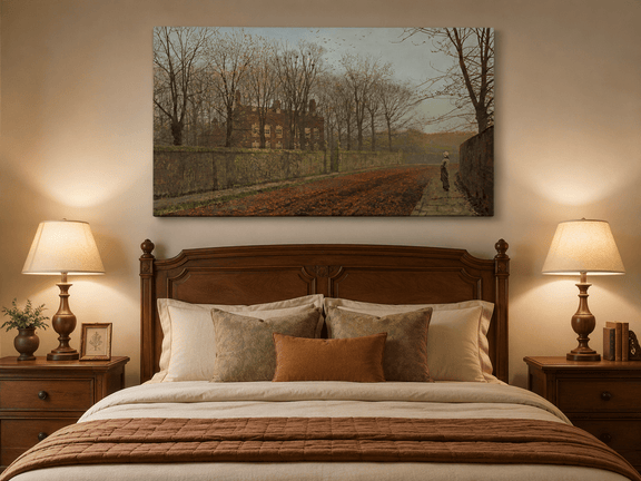 Autumn manor road oil painting displayed as landscape wall decor.