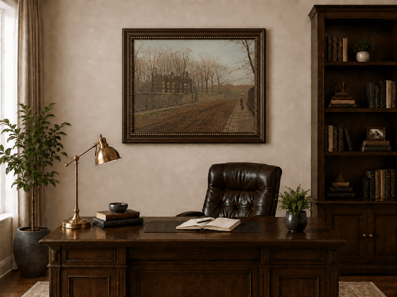 Walled manor house beside an autumn road landscape oil painting presented in an interior wall art mockup.