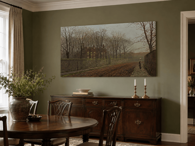 Hand-painted manor house and autumn road landscape artwork in an interior display.