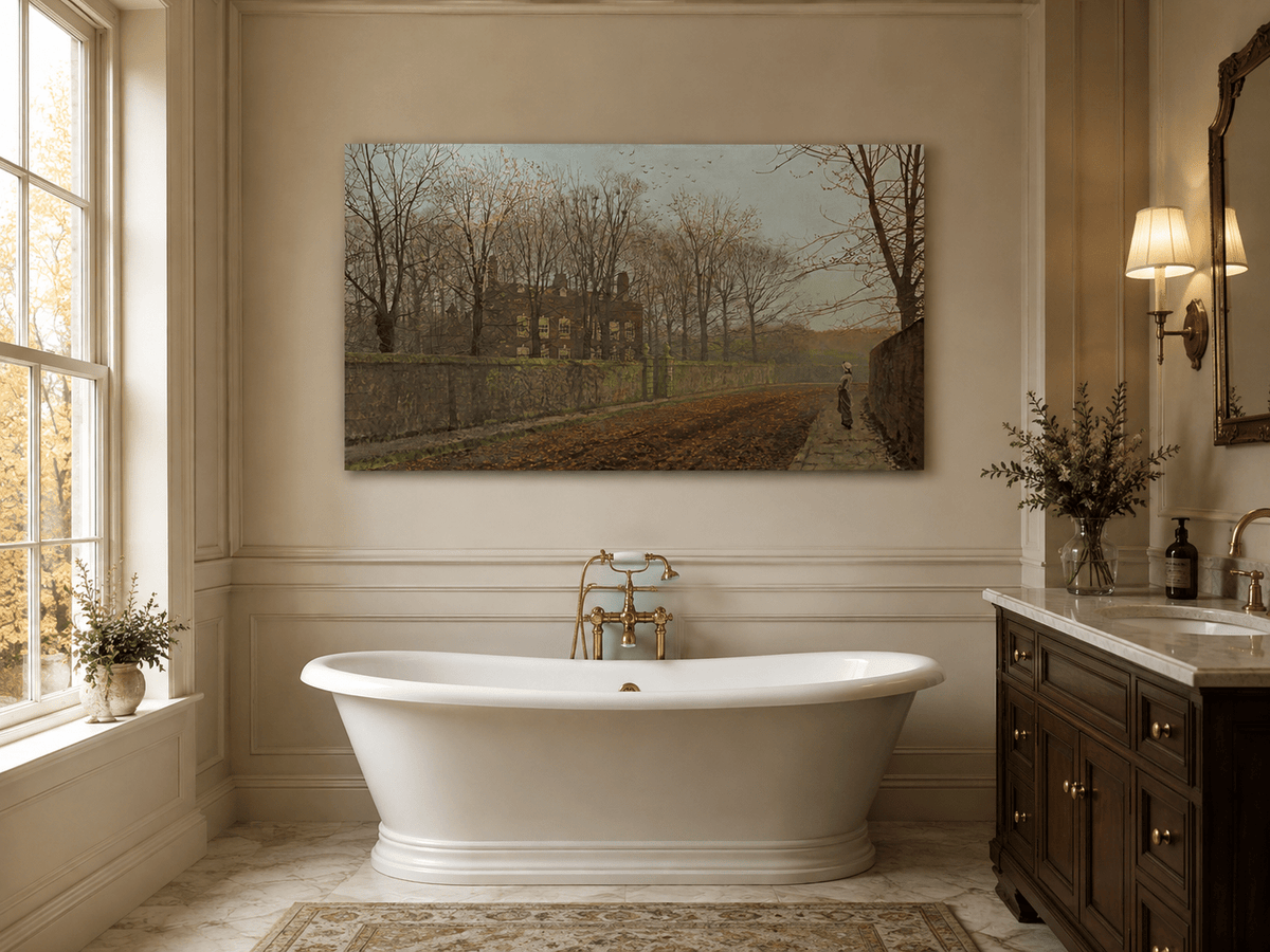 Autumn road by the walled manor house landscape oil painting presented as styled home decor.