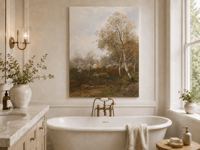 Peinture à l'huile de paysage - Campagne et chaumière d'automne