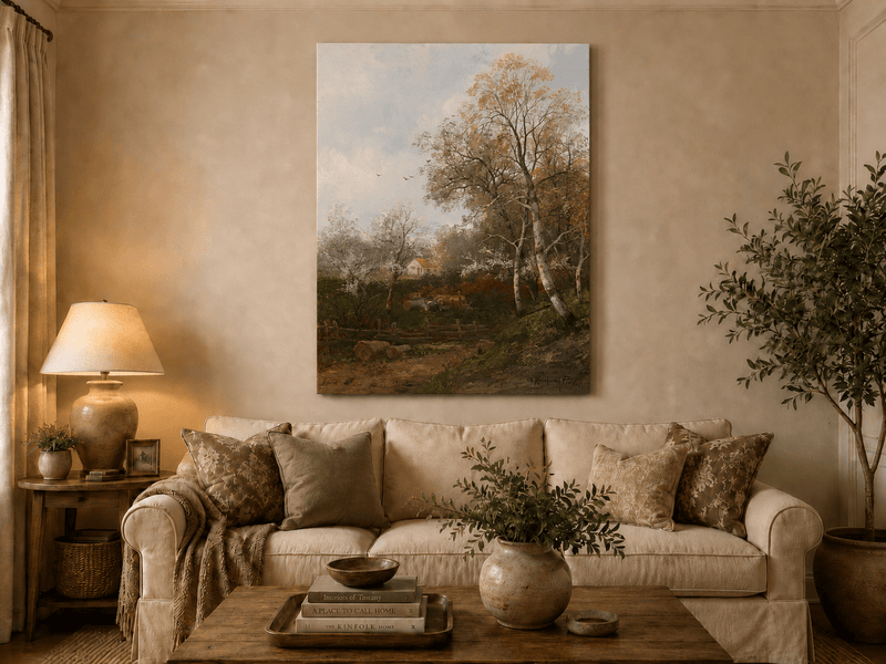 Peinture à l'huile de paysage - Campagne et chaumière d'automne