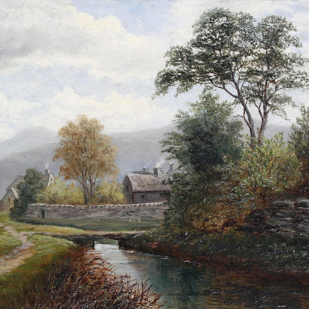 Landscape Oil Painting - Autumn rural stream & stone wall, cottages - Oil Painting Haven