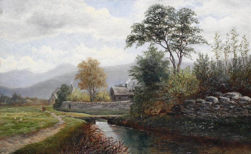 Landscape Oil Painting - Autumn rural stream & stone wall, cottages - Oil Painting Haven