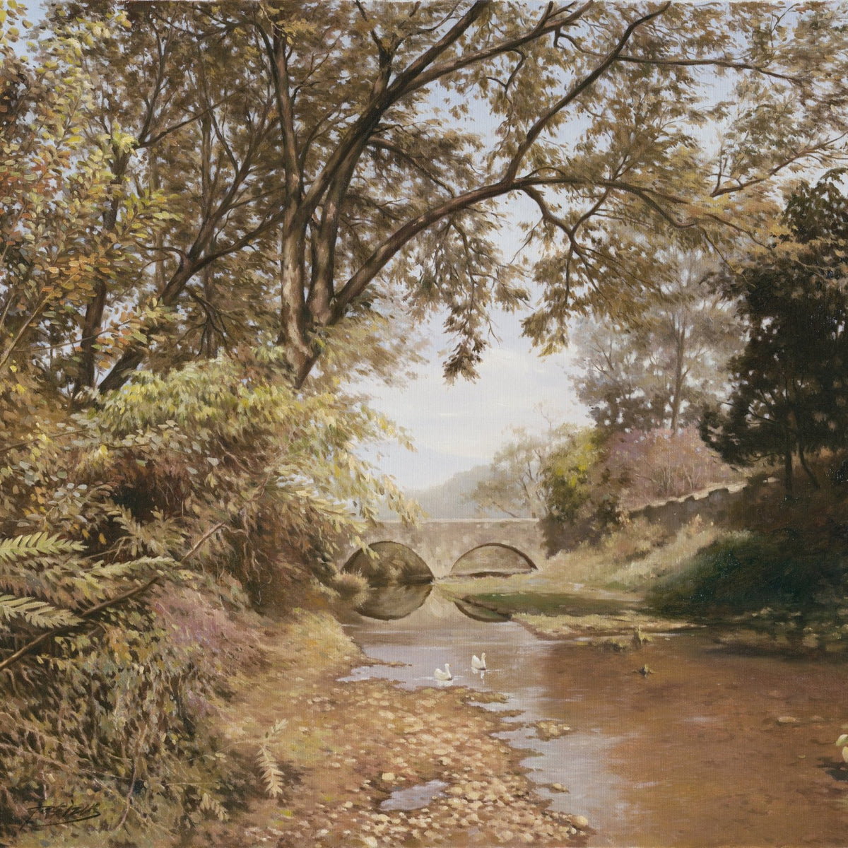 Landscape Oil Painting - Autumn Stream: Stone Bridge, Ducks & Canopy Trees - Oil Painting Haven