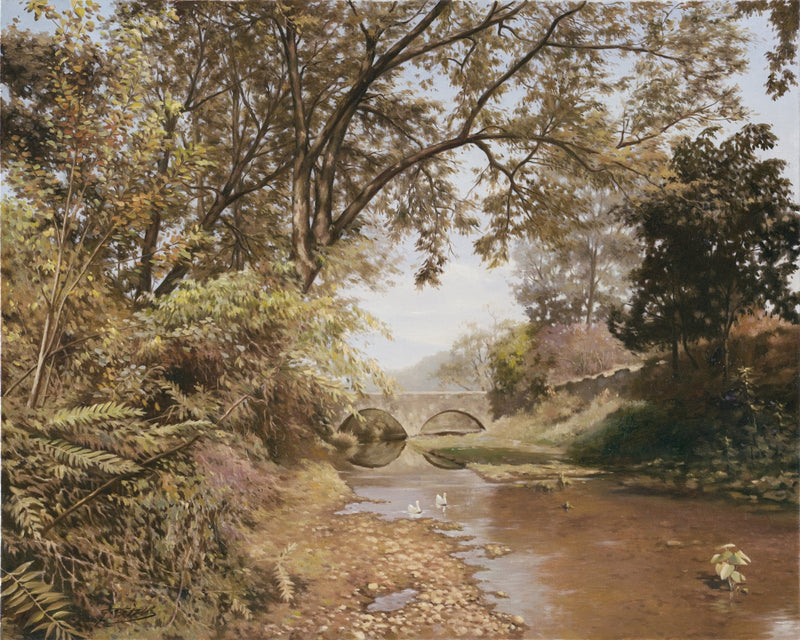 Landscape Oil Painting - Autumn Stream: Stone Bridge, Ducks & Canopy Trees - Oil Painting Haven
