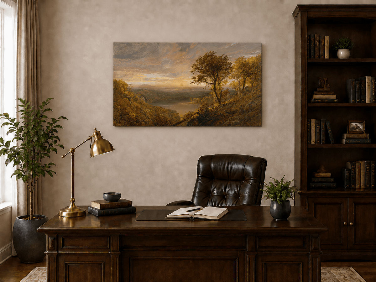 Landschaftsgemälde in Öl – Herbstsonnenuntergang über dem Flusstal