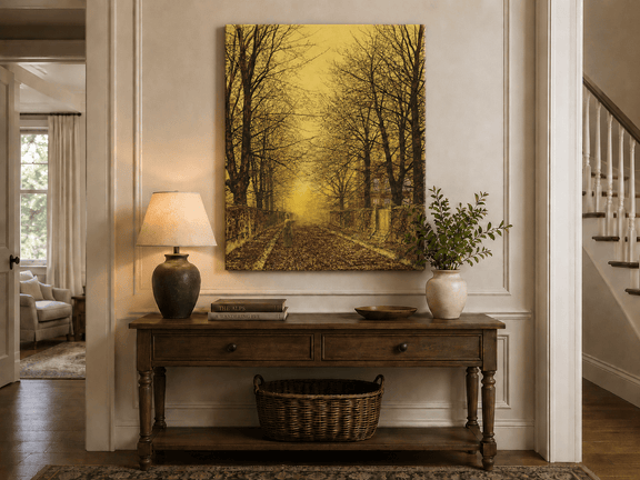 Tree-lined road at sunset landscape painting shown as decorative oil wall art.