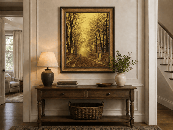Autumn country road at sunset hand-painted oil artwork shown as home wall decor.
