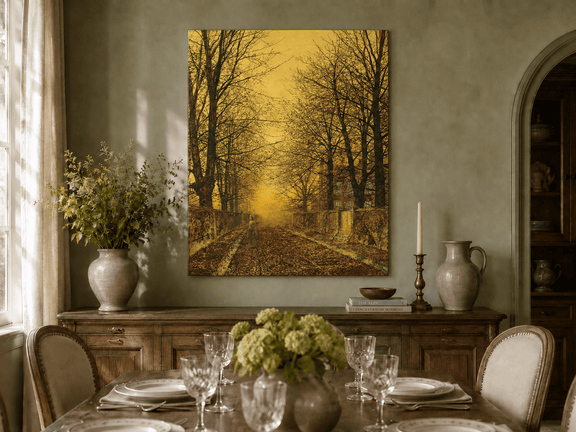 Hand-painted autumn road and sunset landscape artwork in an interior display.