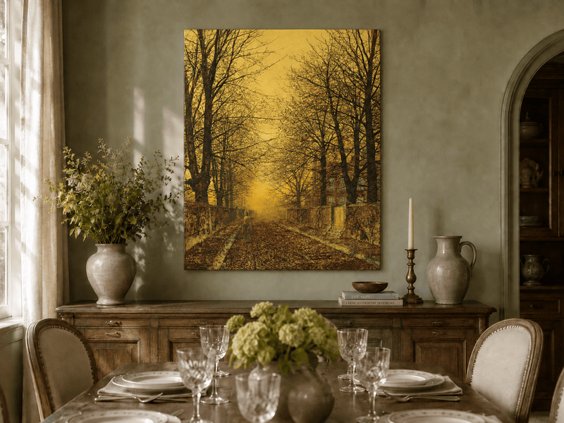Hand-painted autumn road and sunset landscape artwork in an interior display.