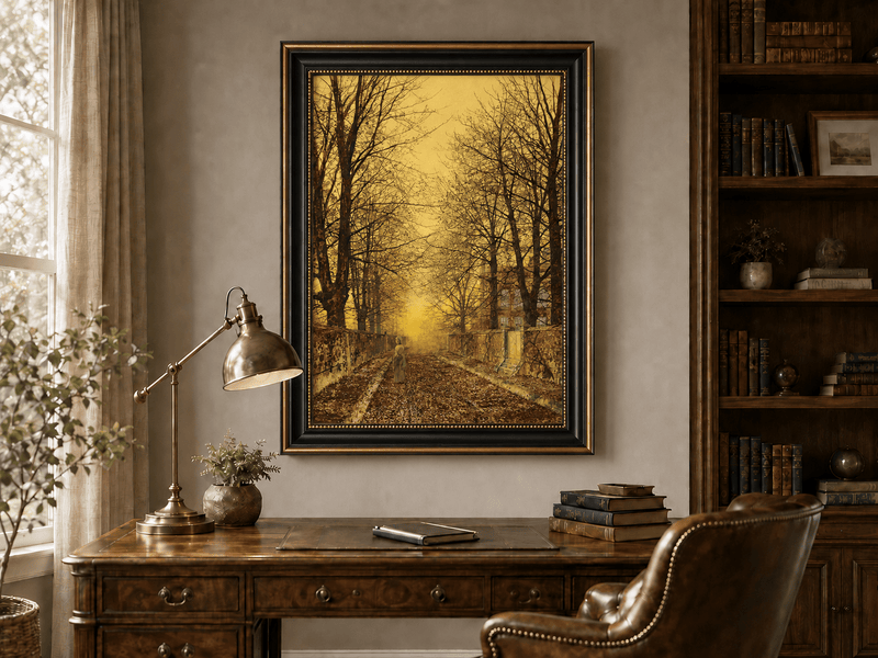 Tree-lined country road at sunset landscape oil painting presented in an interior wall art mockup.