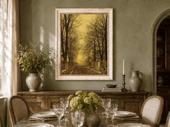 Autumn country road and sunset oil landscape artwork shown in a styled home interior.