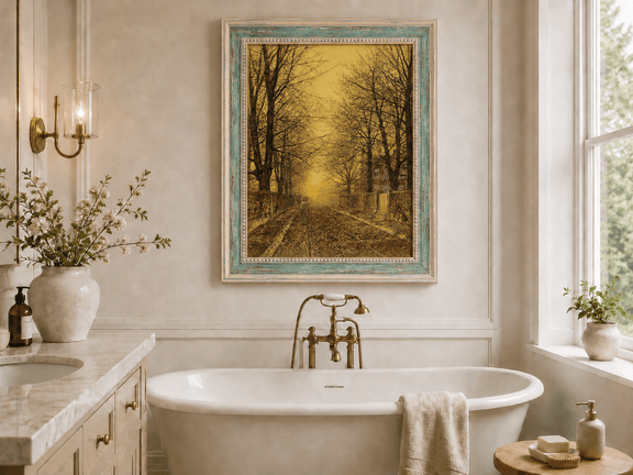 Tree-lined autumn road landscape oil painting presented as interior home decor.