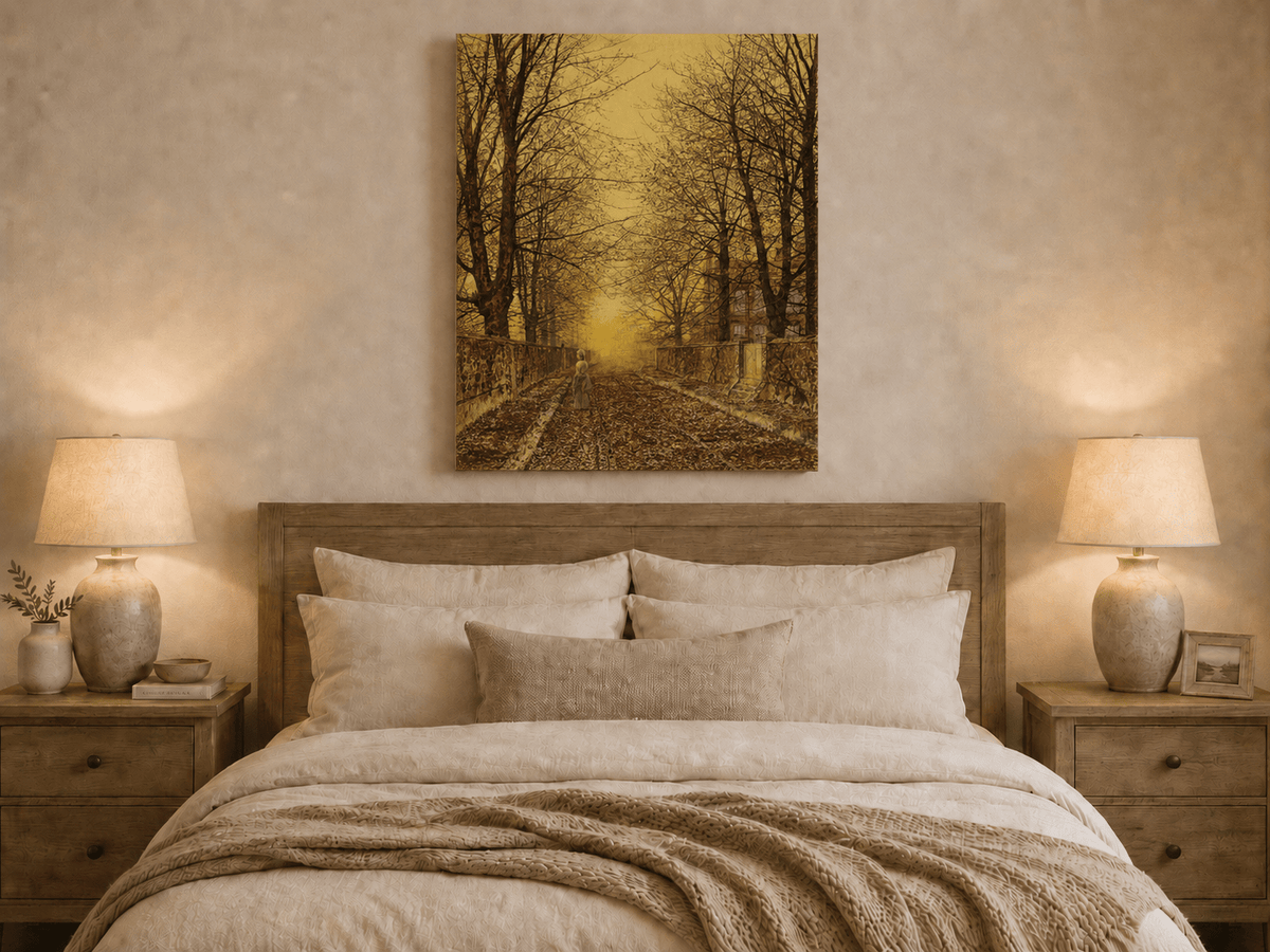 Autumn country road sunset oil painting displayed as landscape wall decor.