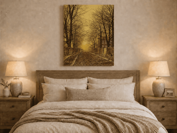 Autumn country road sunset oil painting displayed as landscape wall decor.