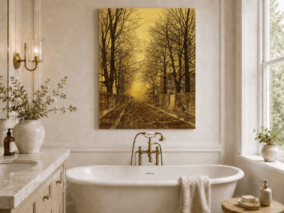 Autumn tree-lined country road at sunset landscape oil painting presented as styled home decor.