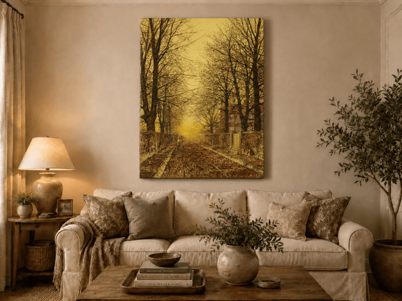 Autumn country road hand-painted oil artwork displayed in a second interior view.