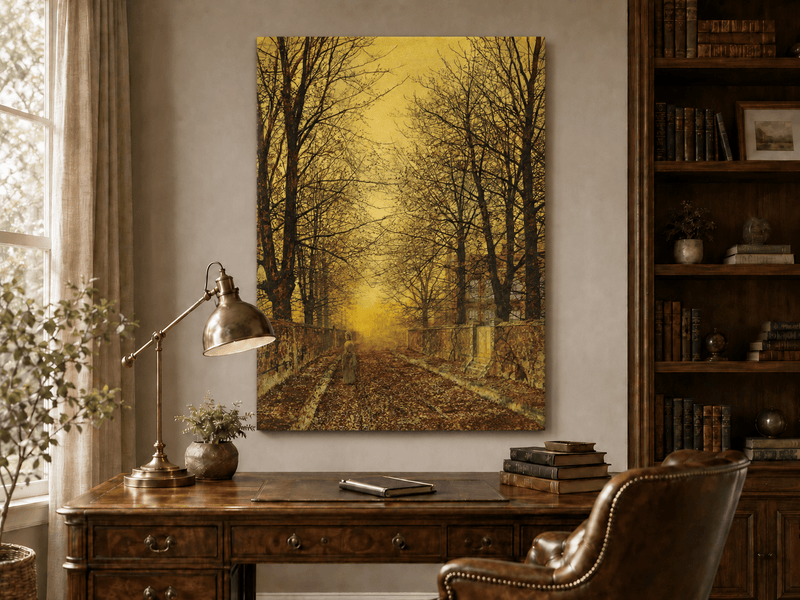 Interior wall art view featuring an autumn tree-lined country road at sunset oil painting.