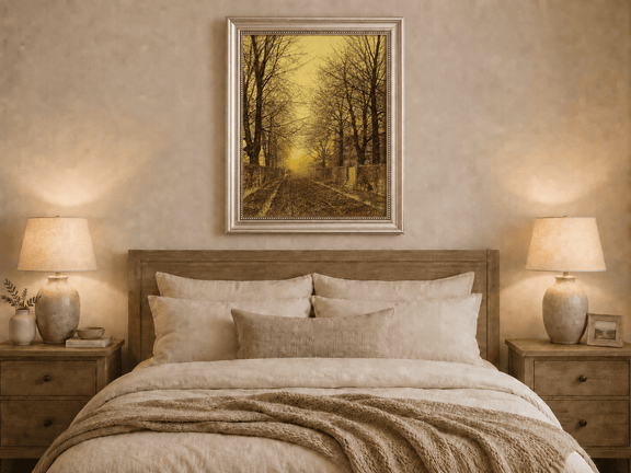 Hand-painted autumn tree-lined road at sunset displayed as decorative wall art.