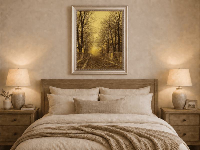 Hand-painted autumn tree-lined road at sunset displayed as decorative wall art.