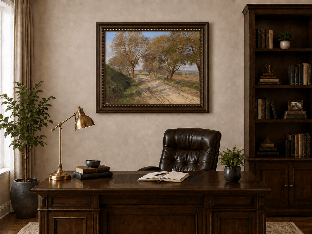 Ölgemälde Landschaft - Herbstliche von Bäumen gesäumte Schotterstraße & ländlich