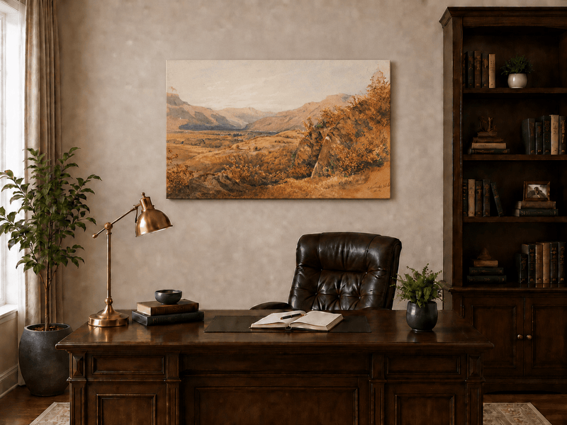 لوحة زيتية طبيعية - منظر الوادي والجبل في فصل الخريف