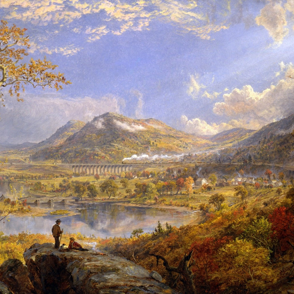 Landscape Oil Painting - Autumn Valley with River and Viaduct - Oil Painting Haven