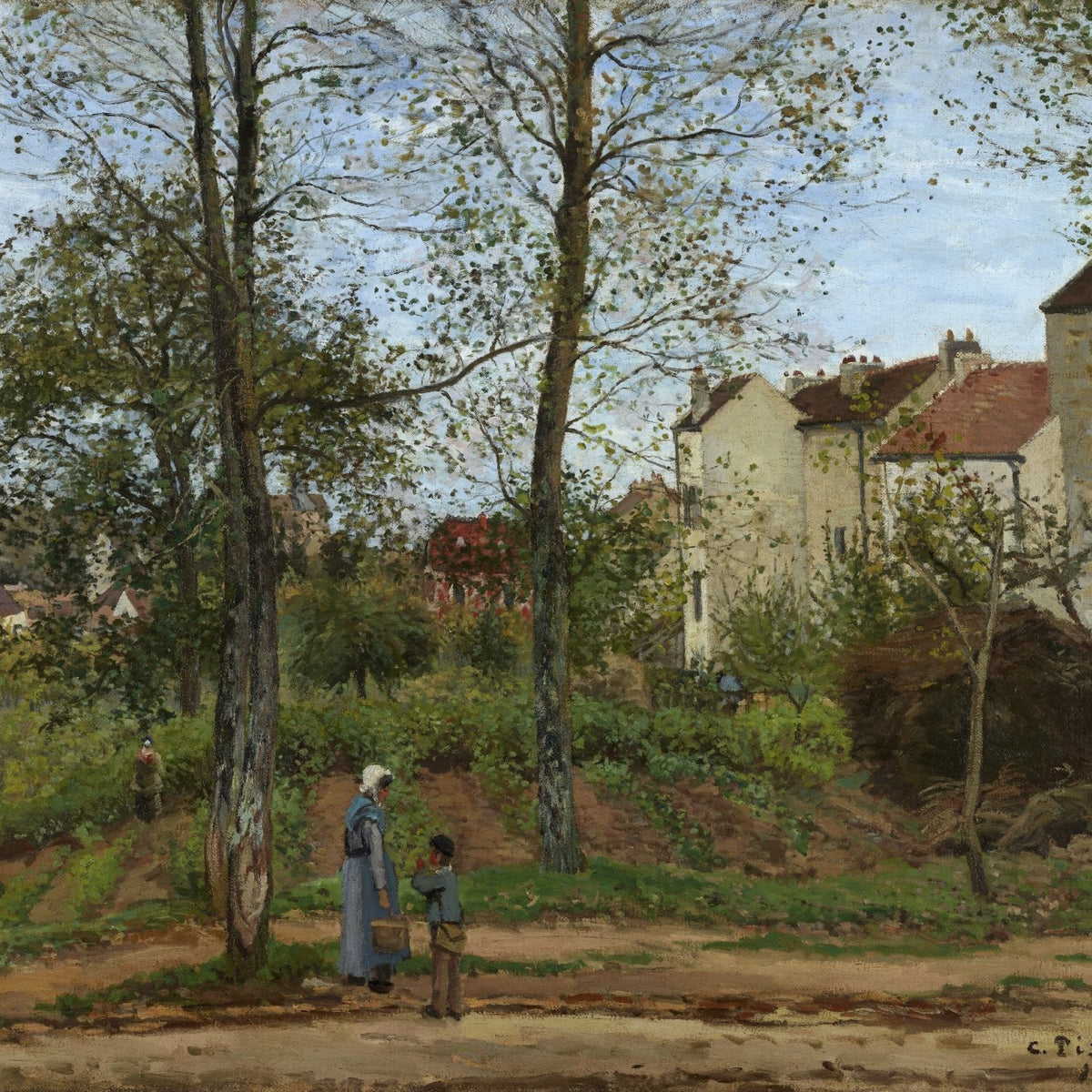 Hand-painted autumn village houses with figures landscape oil painting on canvas