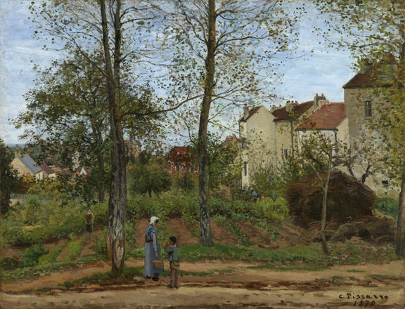 Hand-painted autumn village houses with figures landscape oil painting on canvas