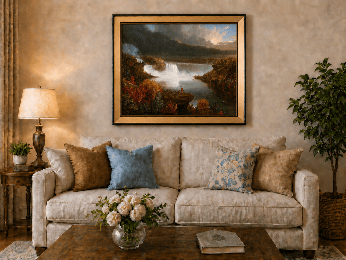 Landscape Oil Painting - Autumn Waterfall Over Majestic River